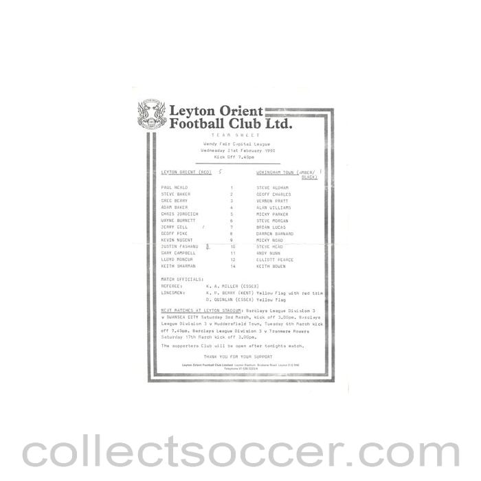 1990 - Leyton Orient v Wokingham Town official teamsheet 21/02/1990 Wendy Fair Capital League