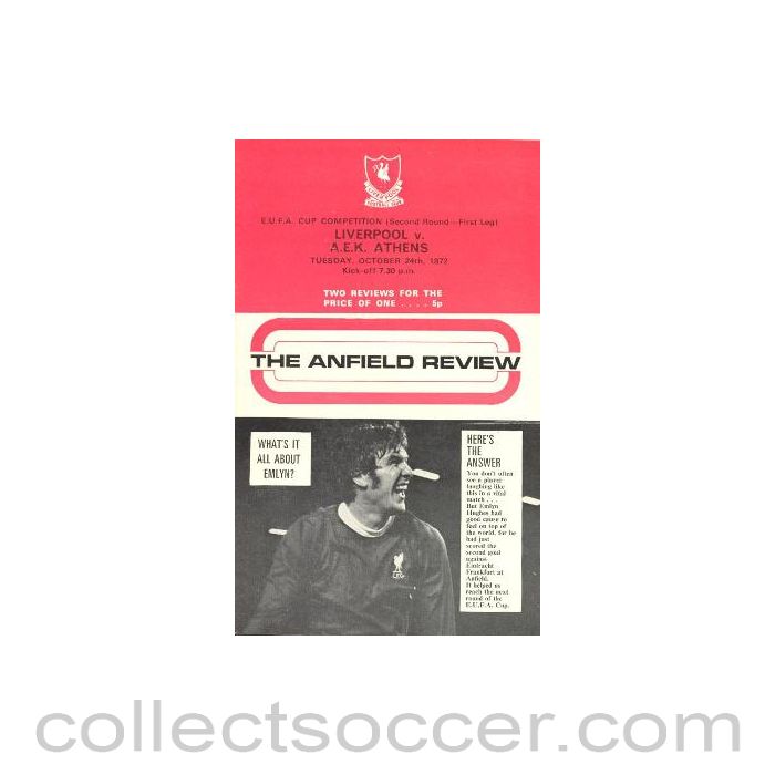 1972 - Liverpool v AEK Athens UEFA Cup official programme 24/10/1972