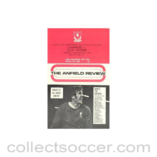1972 - Liverpool v AEK Athens UEFA Cup official programme 24/10/1972