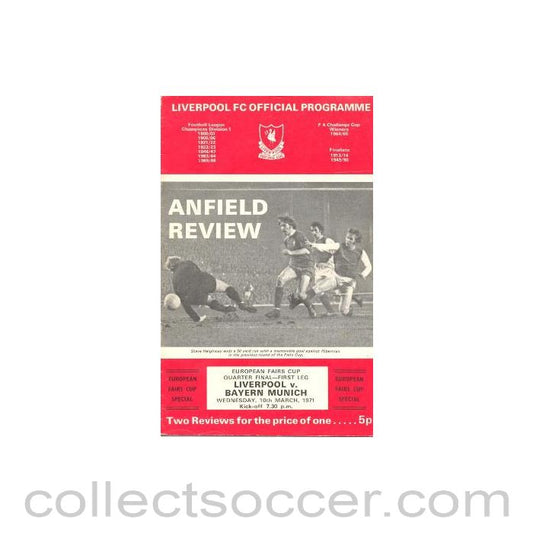 1971 - Liverpool v Bayern Munich European Fairs Cup Quarter Final First Leg official programme 10/03/1971