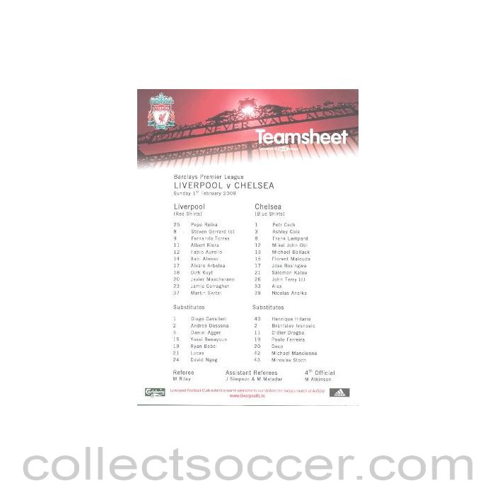 2009 - Liverpool v Chelsea official colour printed teamsheet 01/02/2009