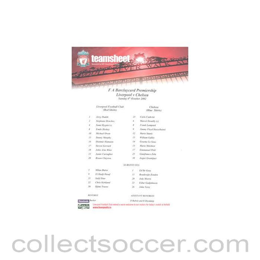 2002 - Liverpool v Chelsea official colour teamsheet 06/10/2002 Premier League