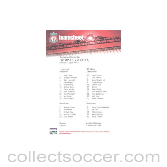 2003 - Liverpool v Chelsea official colour teamsheet 17/08/2003 Premier League