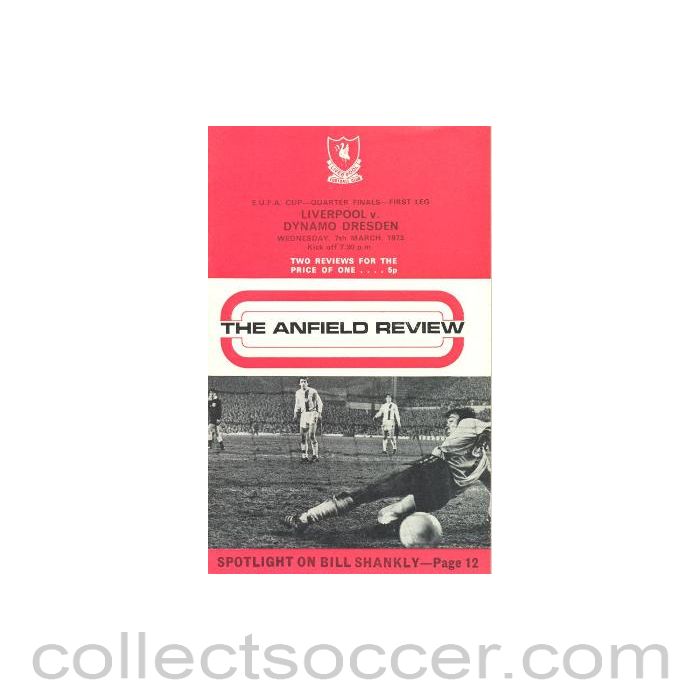 1973 - Liverpool v Dynamo Dresden UEFA official programme 07/03/1973