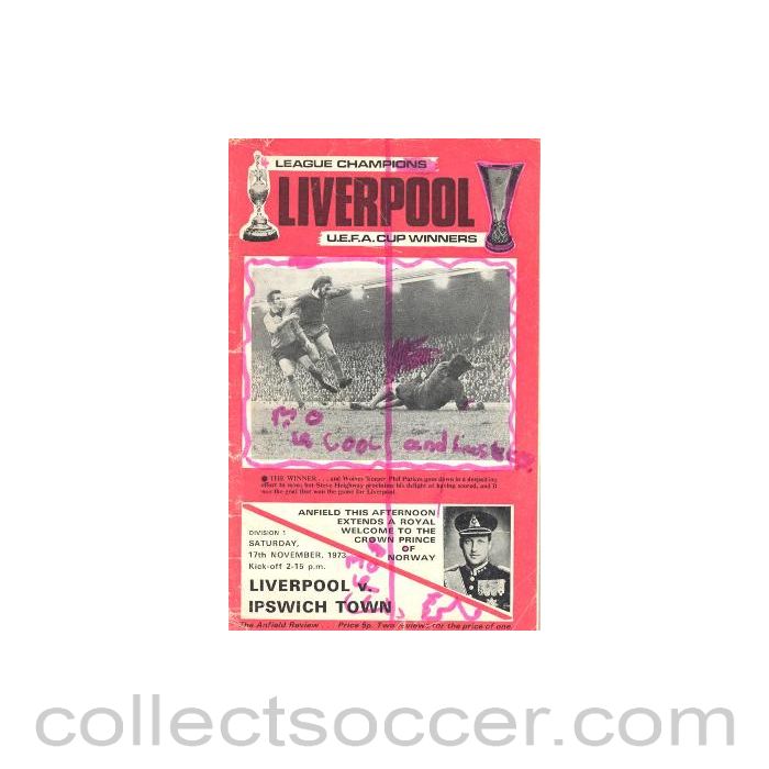 1973 - Liverpool v Ipswich Town official programme 17/11/1973