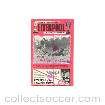 1973 - Liverpool v Ipswich Town official programme 17/11/1973