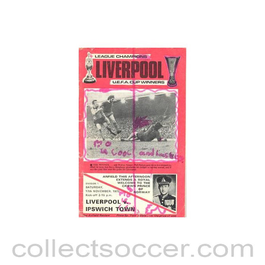 1973 - Liverpool v Ipswich Town official programme 17/11/1973