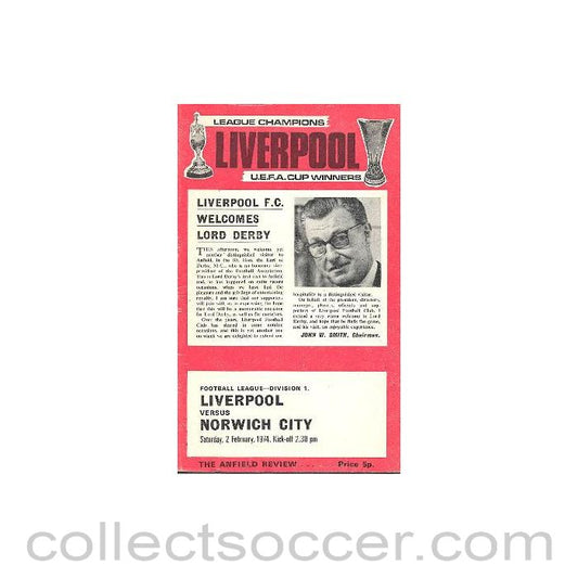 1974 - Liverpool v Norwich City official programme 02/02/1974