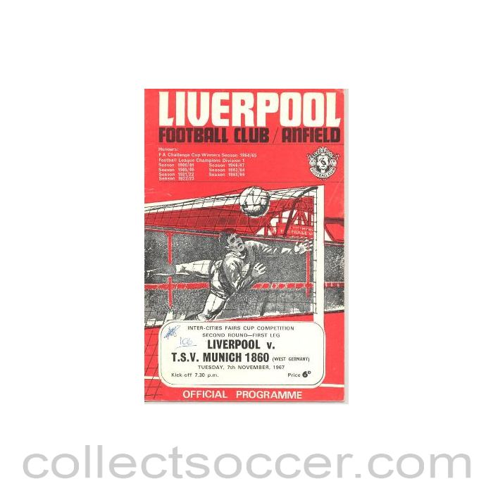 1967 - Liverpool v T.S.V. Munich 1860, West Germany official programme 07/11/1967