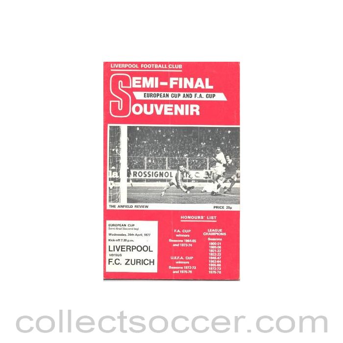 1977 Liverpool v Zurich official programme 20/04/1977 European Cup Semi-Final