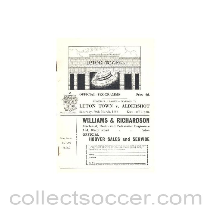 1968 - Luton Town v Aldershot official programme 30/03/1968