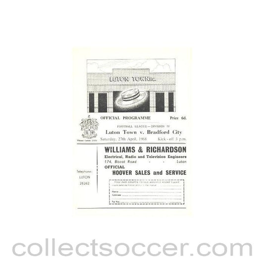 1968 - Luton Town v Bradford City official programme 27/04/1968