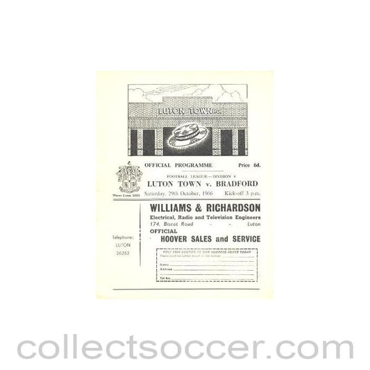 1966 - Luton Town v Bradford official programme 29/10/1966