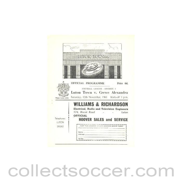 1966 - Luton Town v Crewe Alexandra official programme 12/11/1966