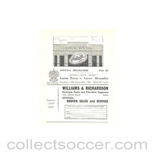 1966 - Luton Town v Crewe Alexandra official programme 12/11/1966
