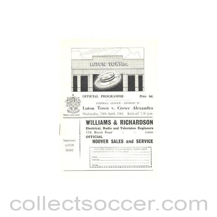 1968 - Luton Town v Crewe Alexandra official programme 24/04/1968
