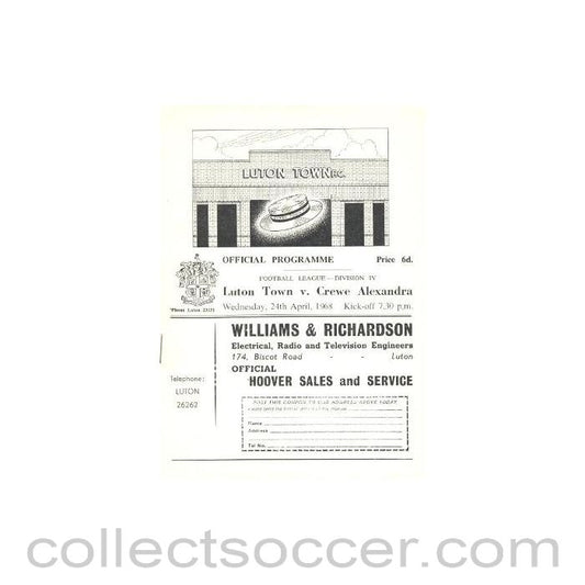 1968 - Luton Town v Crewe Alexandra official programme 24/04/1968