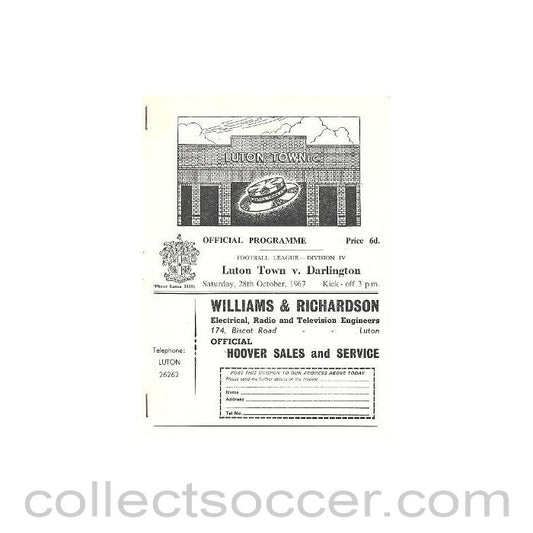 1967 - Luton Town v Darlington official programme 28/10/1967