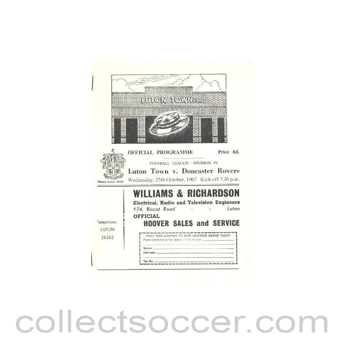 1967 - Luton Town v Doncaster Rovers official programme 25/10/1967