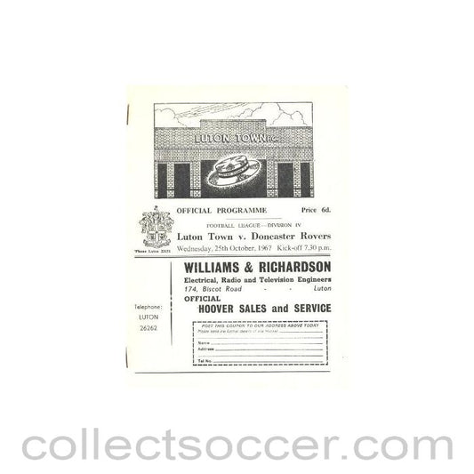 1967 - Luton Town v Doncaster Rovers official programme 25/10/1967