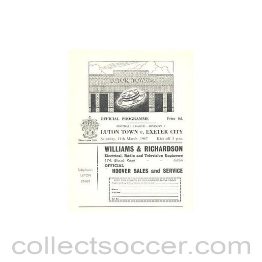 1967 - Luton Town v Exeter City official programme 11/03/1967