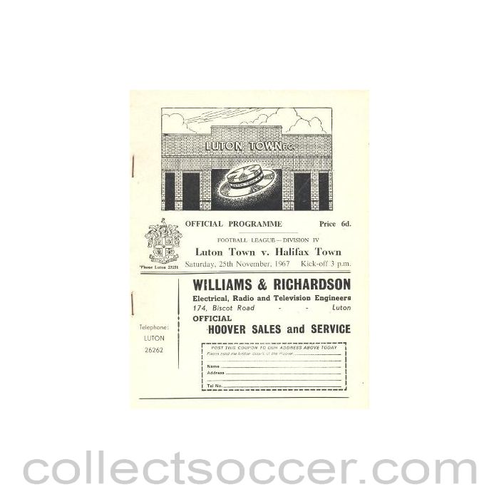 1967 - Luton Town v Halifax Town official programme 25/11/1967