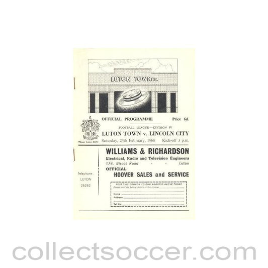 1968 - Luton Town v Lincoln City official programme 24/02/1968
