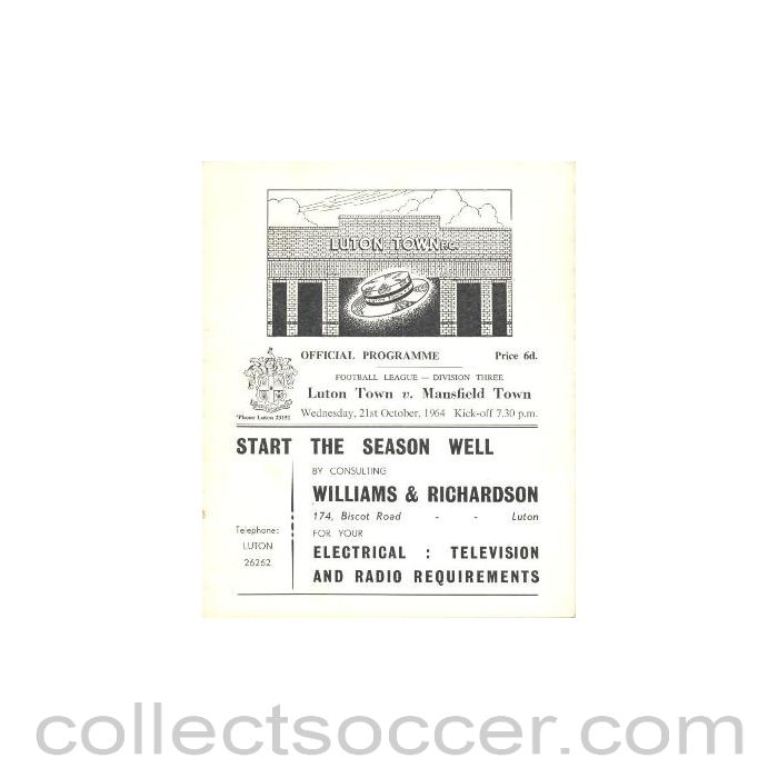 1964 - Luton Town v Mansfield Town official programme 21/10/1964