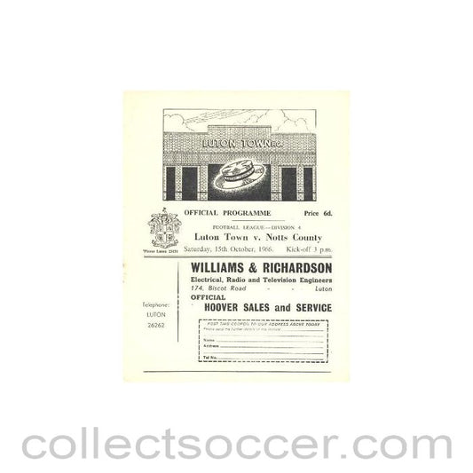 1966 - Luton Town v Notts County official programme 15/10/1966