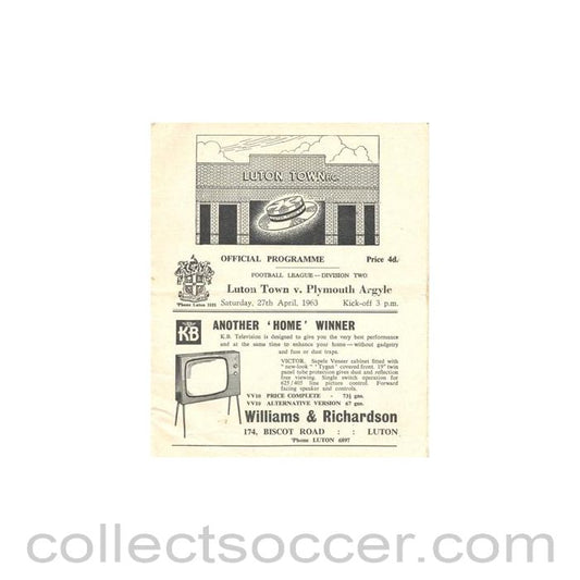 1963 - Luton Town v Plymouth Argyle official programme 27/04/1963 Football League