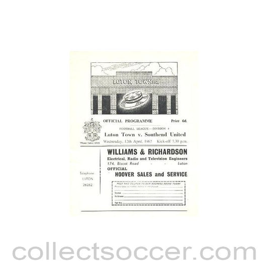 1967 - Luton Town v Southend United official programme 12/04/1967