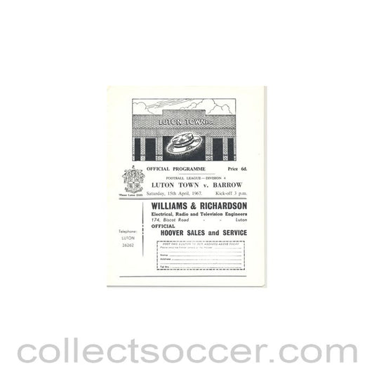 1967 - Luton Town v Barrow official programme 15/04/1967