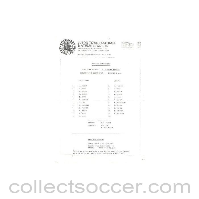 1985 - Luton Town Reserves vChelsea Reserves official programme 24/08/1985