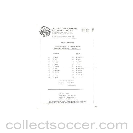 1985 - Luton Town Reserves vChelsea Reserves official programme 24/08/1985