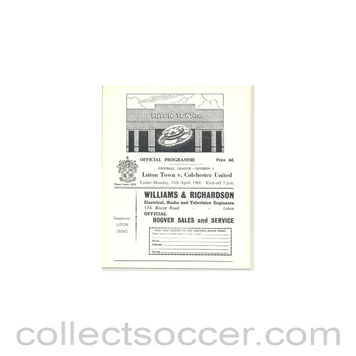 1966 - Luton Town v Colchester United official programme 11/04/1966