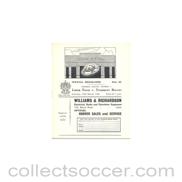 1966 - Luton Town v Tranmere Rovers official programme 26/03/1966