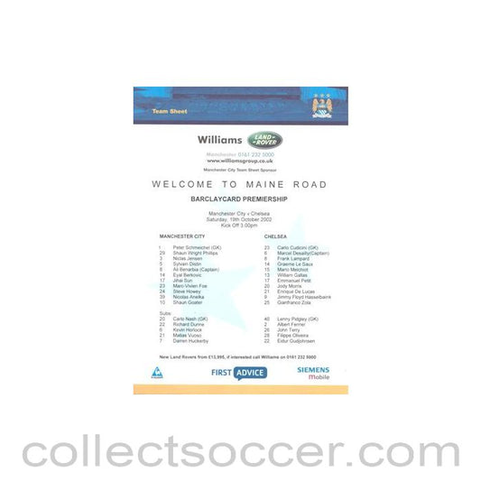 2002 - Manchester City v Chelsea official colour teamsheet 19/10/2002 Premier League