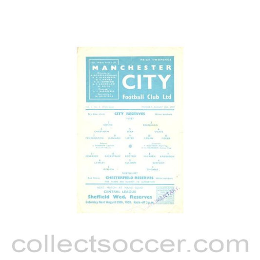 1959 - Manchester City v Chesterfield official programme 24/08/1959 Reserves