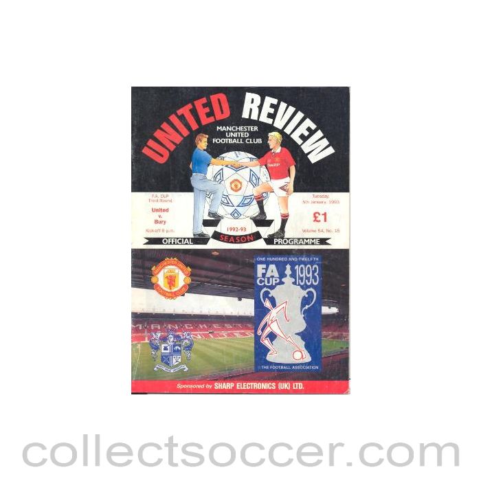 1993 - Manchester United v Bury official programme 05/01/1993 F.A. Cup