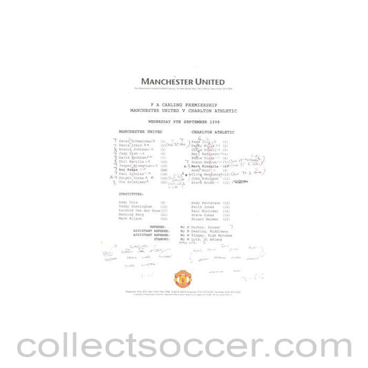 1998 - Manchester United v Charlton Athletic teamsheet 09/09/1998 Premier League