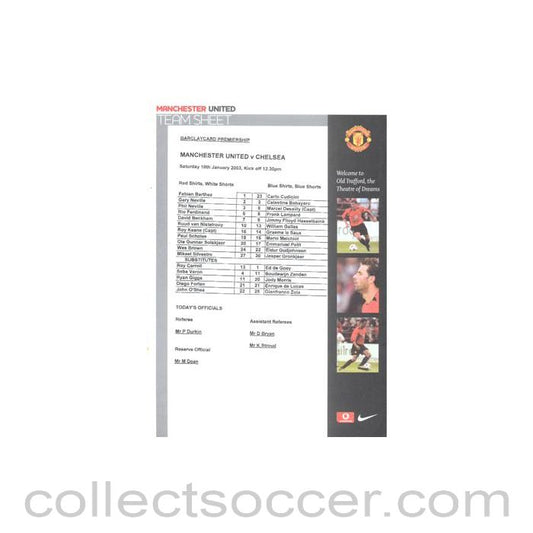 2003 - Manchester United v Chelsea official colour teamsheet 18/01/2003 Premier League