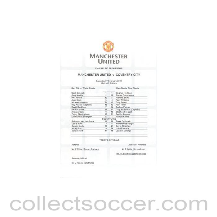 2000 - Manchester United v Coventry City official colout teamsheet 05/02/2000 Premier League