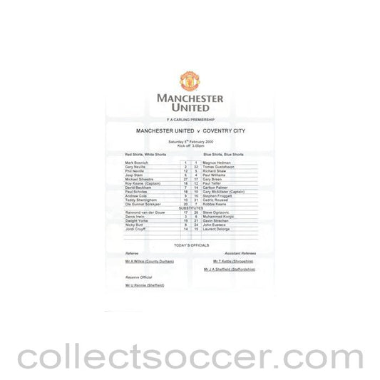 2000 - Manchester United v Coventry City official colout teamsheet 05/02/2000 Premier League