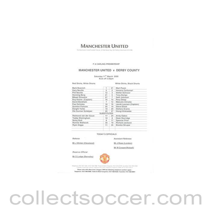 2000 - Manchester United v Derby County official colout teamsheet 11/03/2000 Premier League