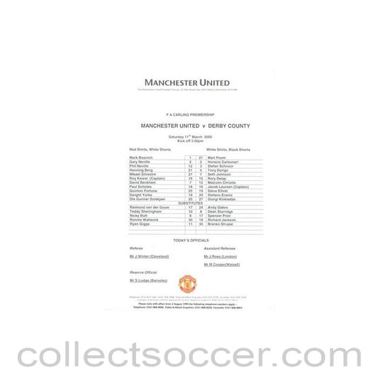 2000 - Manchester United v Derby County official colout teamsheet 11/03/2000 Premier League