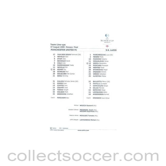 1999 - Manchester United v Lazio official colour teamsheet 27/08/1999 Super Cup