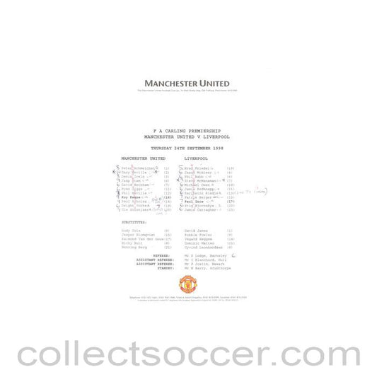 1998 - Manchester United v Liverpool teamsheet 24/09/1998 Premier League