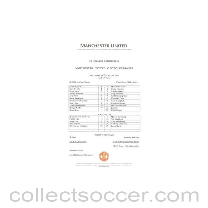 2000 - Manchester United v Middlesbrough official colout teamsheet 29/01/2000 Premier League