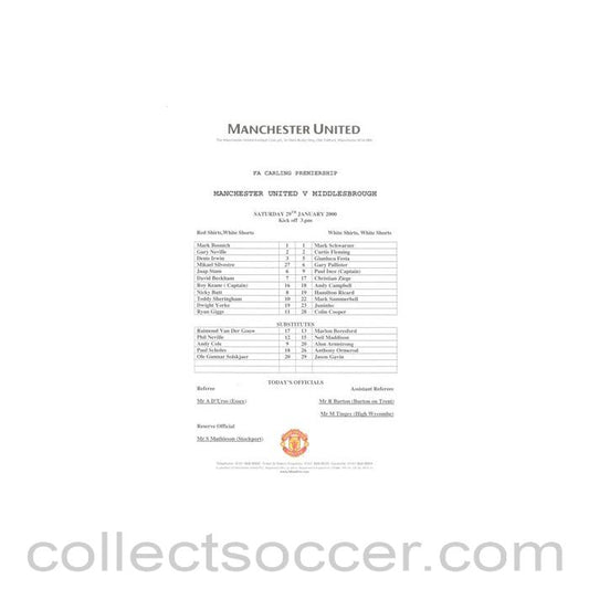 2000 - Manchester United v Middlesbrough official colout teamsheet 29/01/2000 Premier League