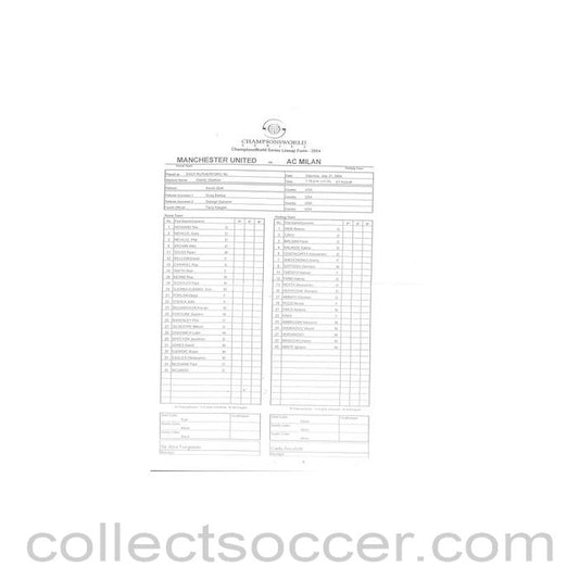 2004 - Manchester United v Milan 31/07/2004 teamsheet, Championsworld Series, in the USA